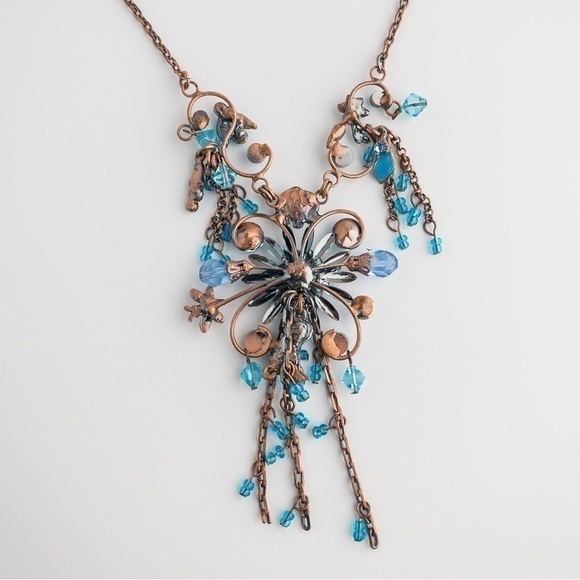 𝅺Copper Floral Pendant Necklace Statement Blue White Crystal Rhinestone Enamel - Picture 11 of 13